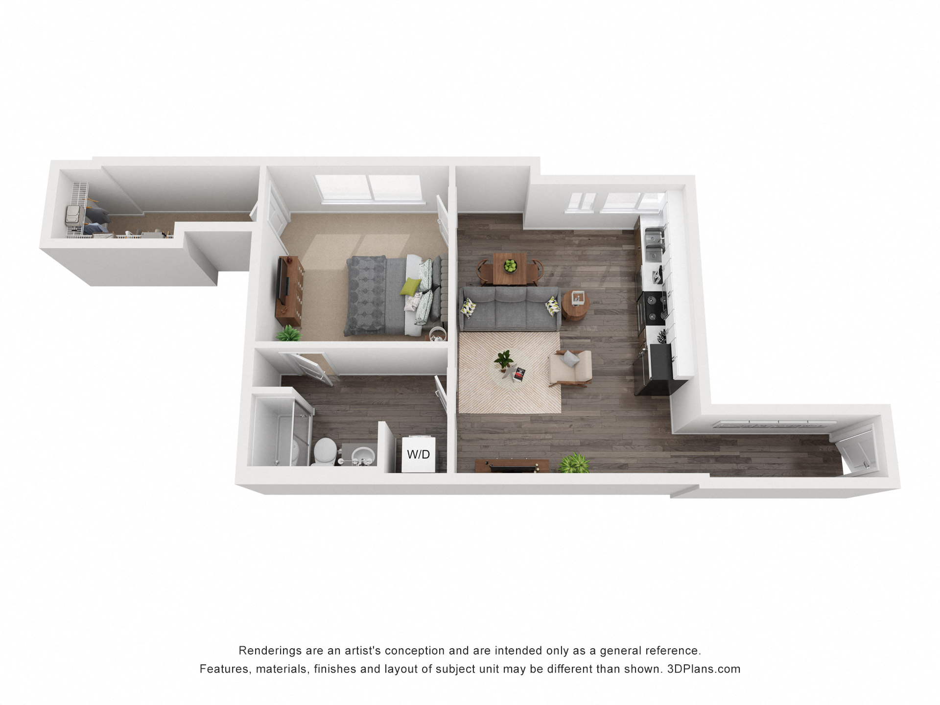 Floor plan for 1 bed, 1 bath, 665 sqft